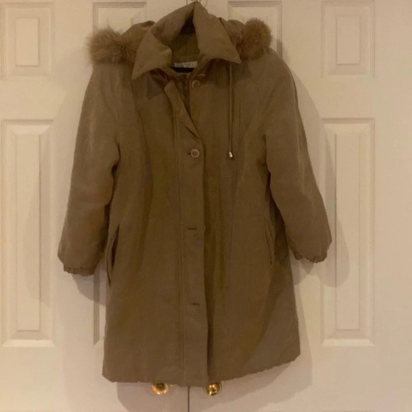 Cleo petites tan faux fur trim soft suede puffer jacket Sz PM - Picture 2 of 14